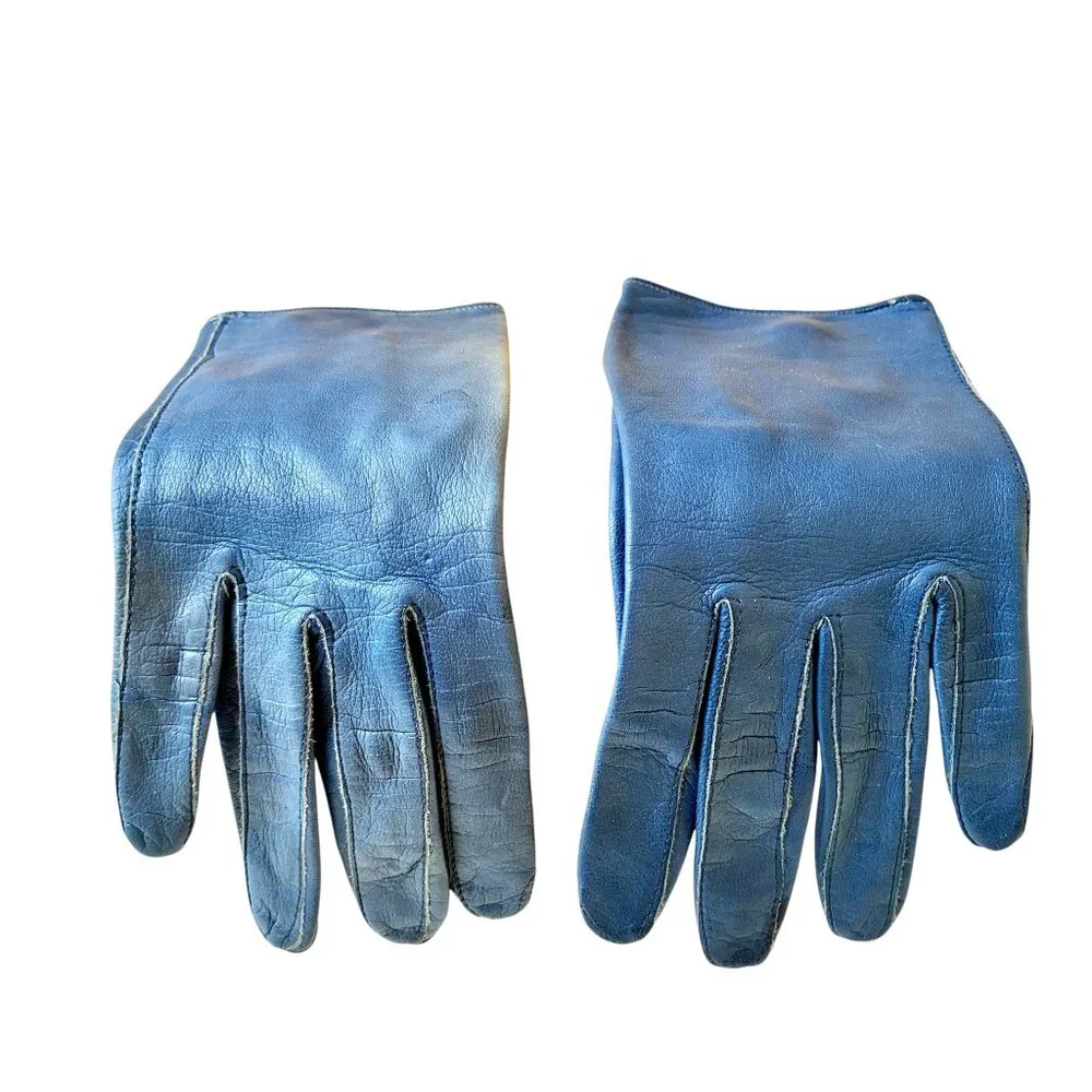 Vintage 70's Blue Leather Gloves Button Womens 7 DAMAGED